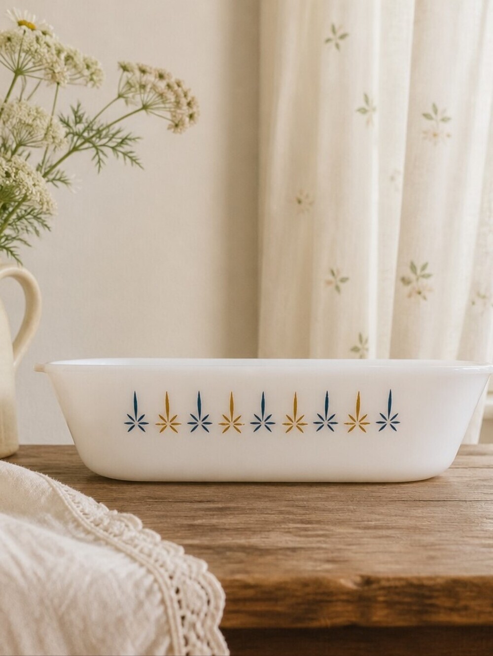 Fire‑King Anchor Hocking Baking Dish – Vintage Blue & Gold Starburst Pattern
